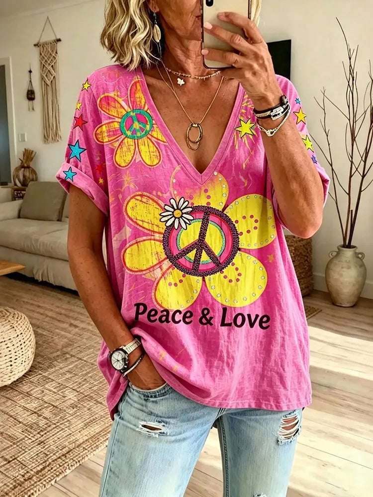 Women's Vintage Peace Flower Print V Neck Short Sleeve T-shirt