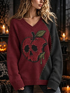 Women's Halloween Colorblock Skull Apple Knit V-neck Sweater