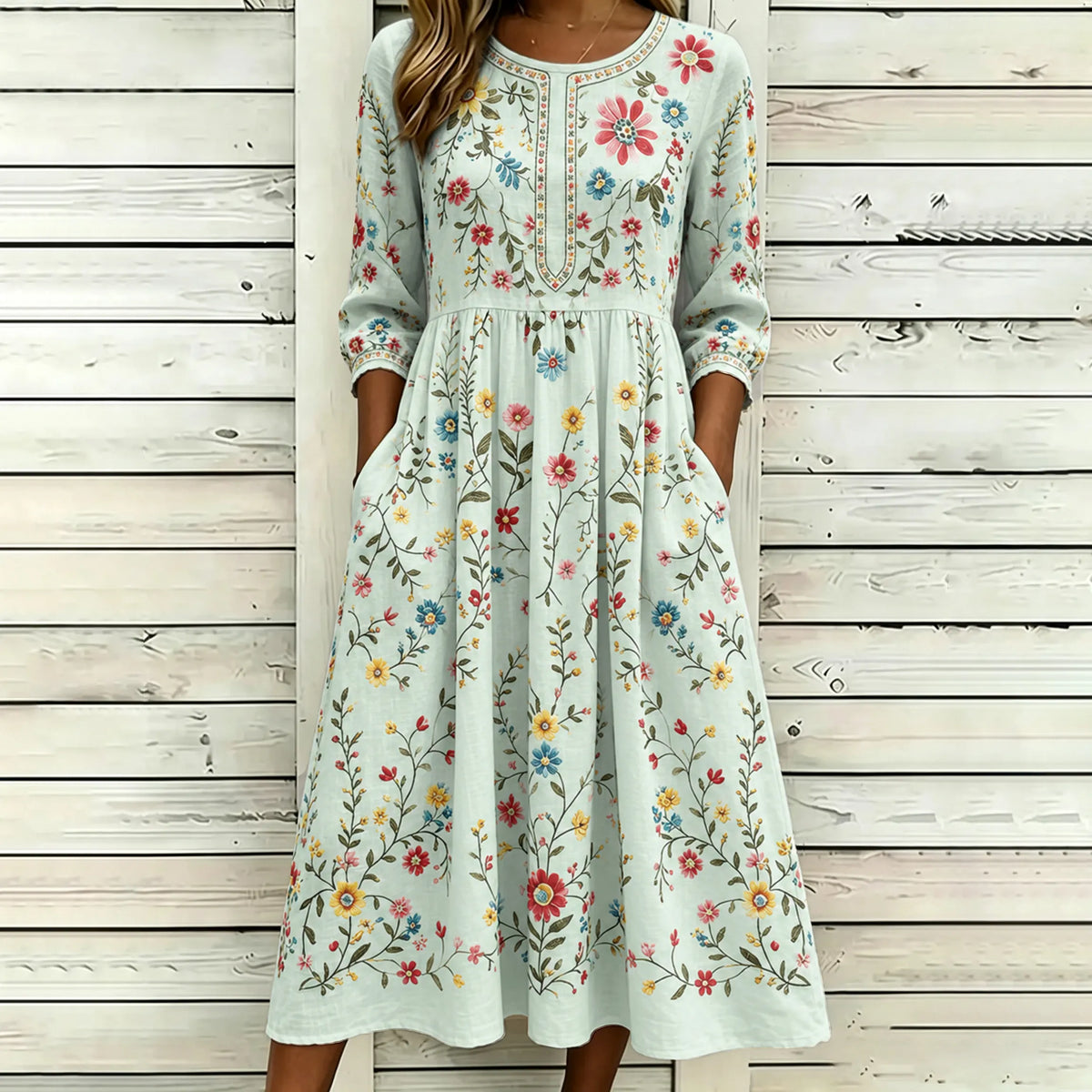 Women's Vintage Floral Pattern Art Embroidered Linen Blend Dress