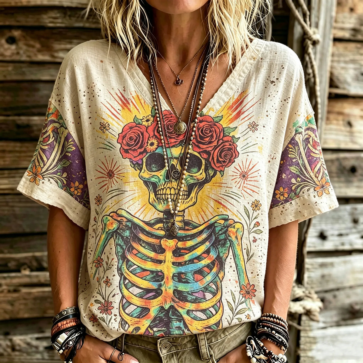Women's Retro Hippie Tie-dye Skull Rose Floral Print Casual V-neck Short-sleeve T-shirt